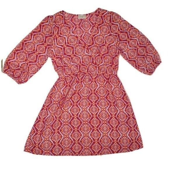 Everly Women's Red Aztec Print Dress size L V-Neck faux wrap 3/4 Sleeve - Picture 3 of 8
